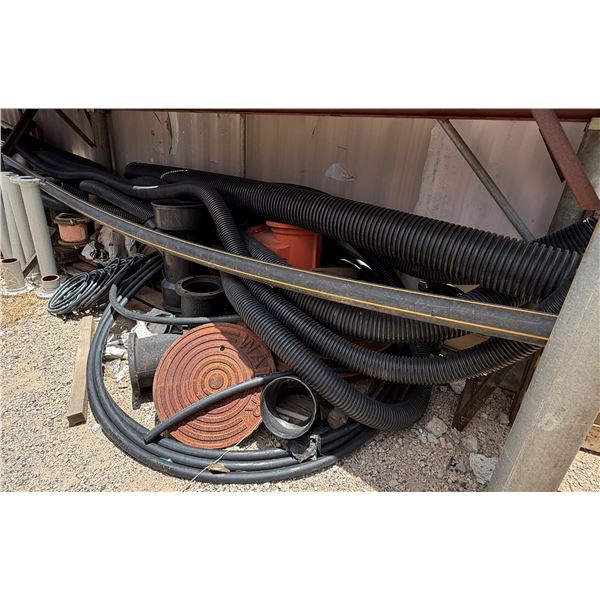 Multiple Black Corrugated Pipes, Hoses, Ductile Iron Fittings, etc Misc Sizes