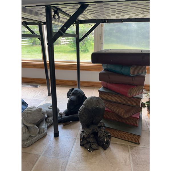 Four Garden Statues and Book Sculpture