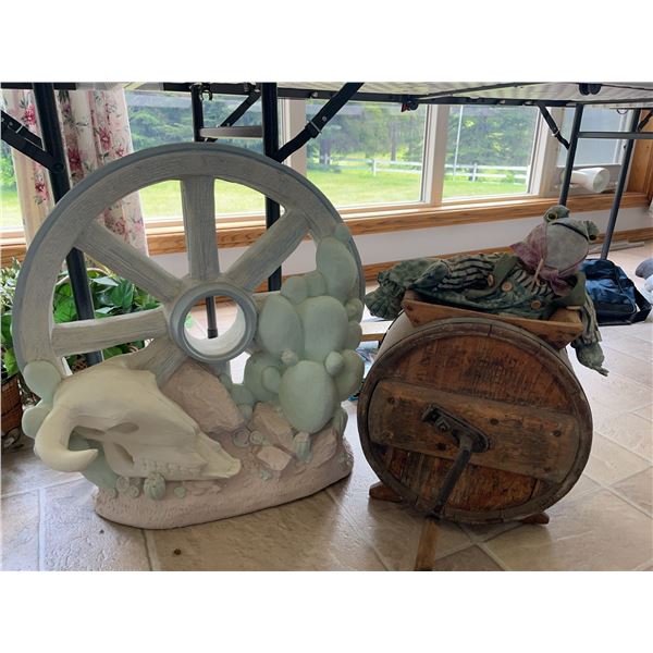 Decorative Wheel Sculpture and Barrel With Pl