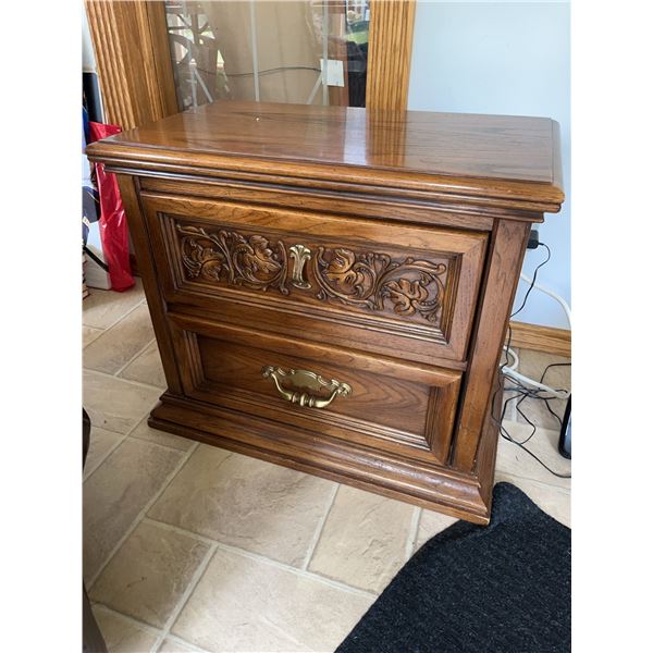 Oak Nightstand and Brown Recliner Chair