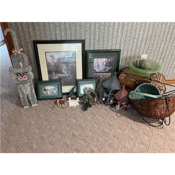 Framed Art, Wicker Baskets, and Decor Lot
