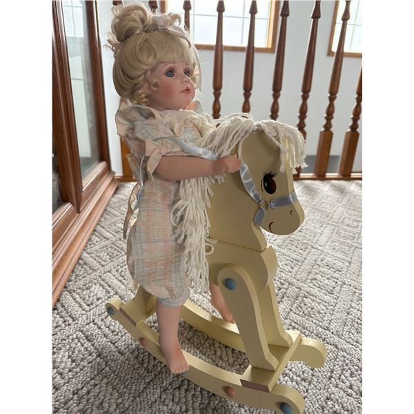 18” Porcelain Doll on Rocking Horse Stand