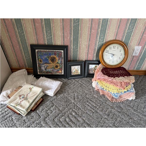 Sunflower Decor, Art, Wall Clock, and Doilies