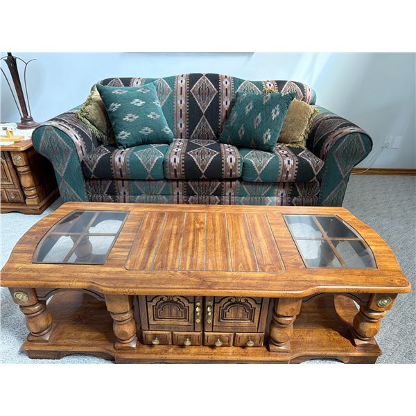 Sofa and Solid Wood Glass-Top Coffee Table