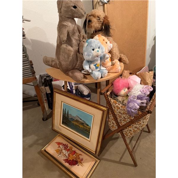 Stuffed Animals and Framed Artwork Lot