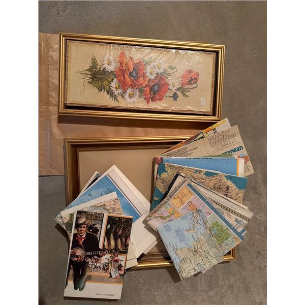 Framed Floral Print and Map Ephemera Lot