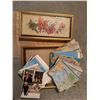 Image 1 : Framed Floral Print and Map Ephemera Lot