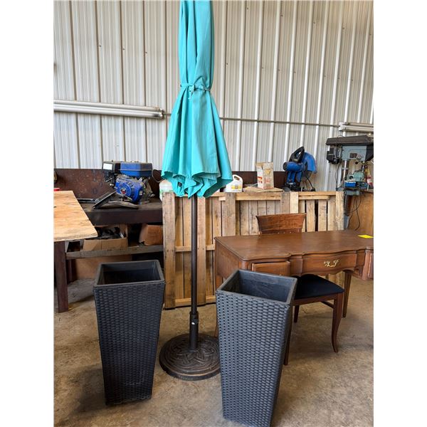 Teal Patio Umbrella With Two Black Planters