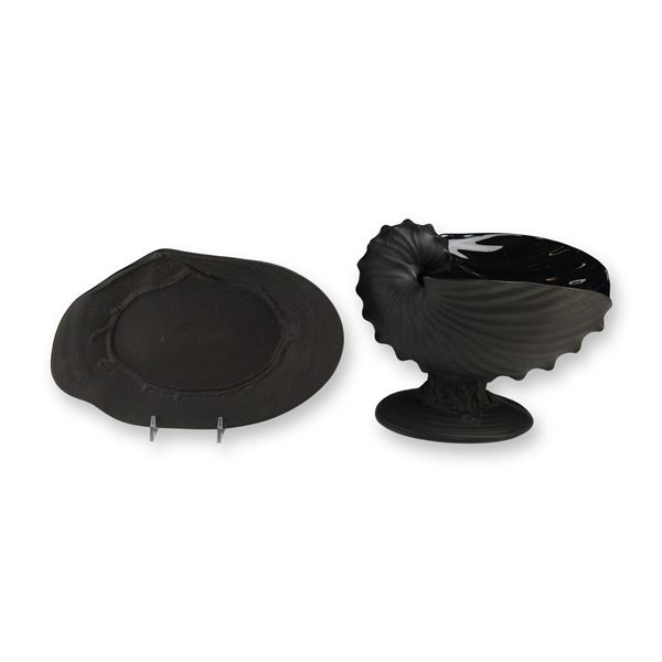 2pc Wedgwood Black Basalt Nautilus Shell Compote and Underplate