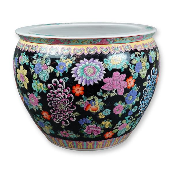 Large Chinese Famille Noire Mille Fleurs Porcelain Fish Basin