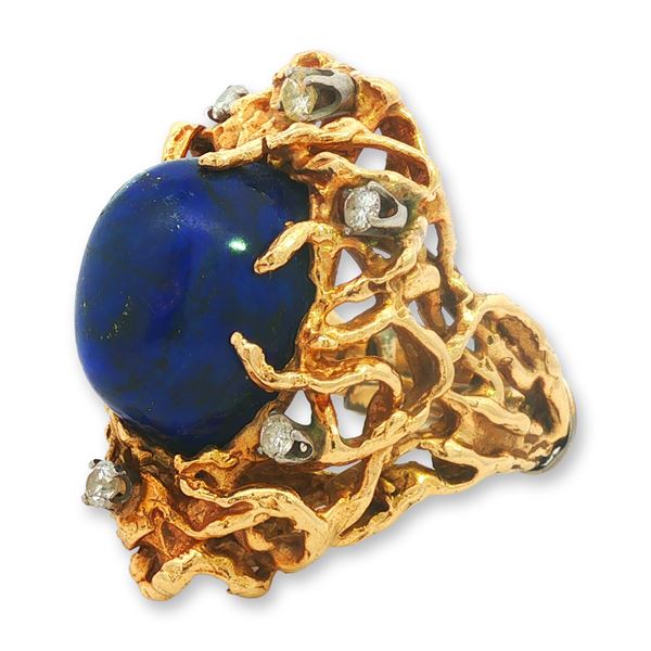 14K Yellow Gold Brutalist Lapis Lazuli Diamond Ring