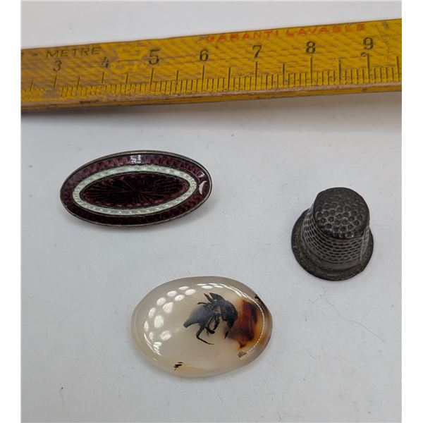 Agate with Inclusion / Enamel Guilloche / Antique Thimble