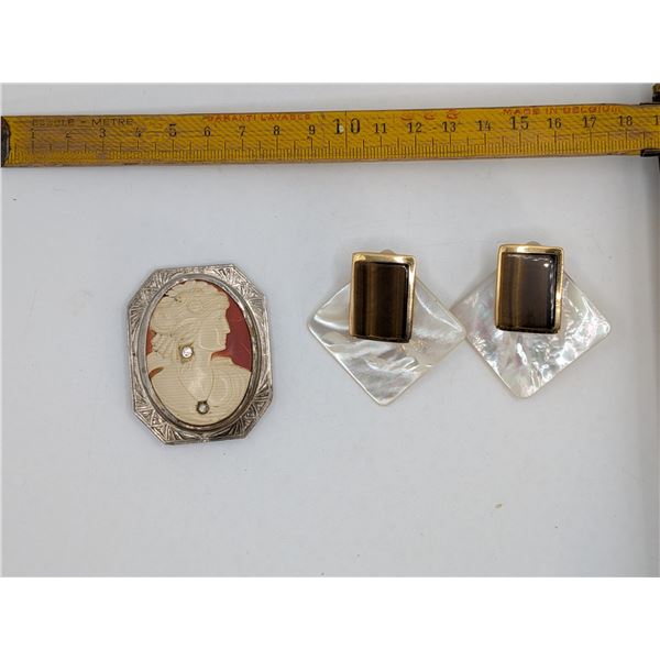 Celluloid Cameo Brooch & Earrings