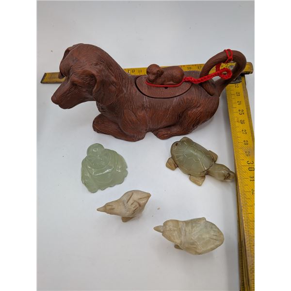 Red Clay Dog Teapot / Two Stone Figures / Two Stone Birds