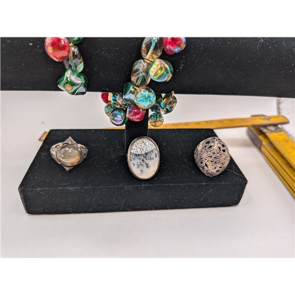 Beaded Wrap Bracelet / Three Sterling Rings