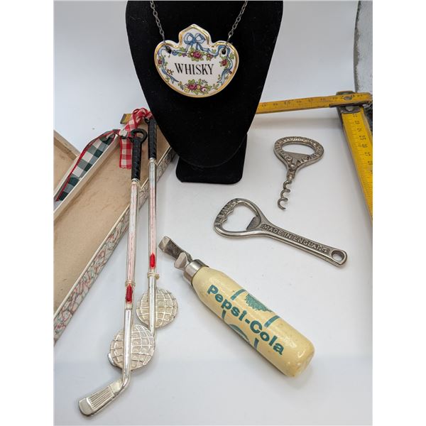 Coalport Whiskey Decanter Bottle Hanger / Pepsi-Cola Bottle Opener / Stir Sticks / Corkscrew & Bottl