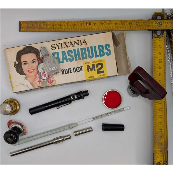 Thermometer / Flash Bulbs / Bakelite Handles / Magnification and Photo Lenses