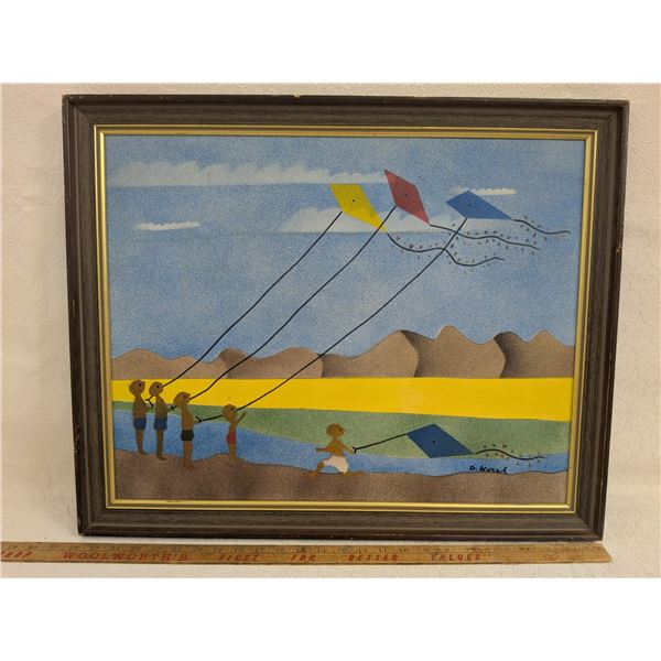 Folk Art 1970s Water Colour on a Artist Board D. Kiral Children Flying Geometric Kites 26  x  21