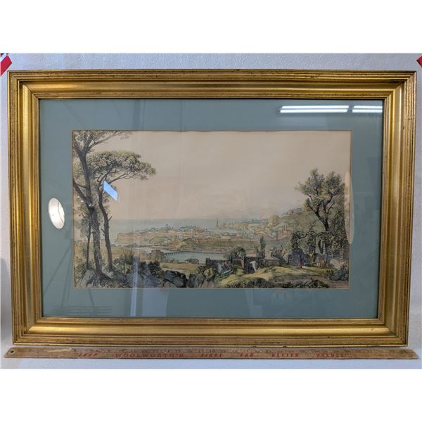 19th Century Vienna Hand Coloured Engraving 'View of Genoa' Framed Wood