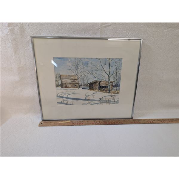 Original Water Colour Framed Painting of Canadian Winter Landscape in Metal Frame