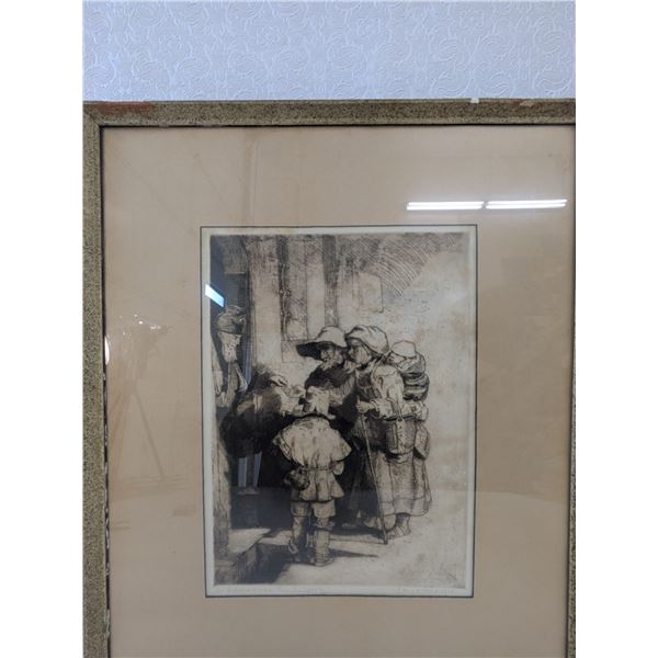 Signed Etching Beggars Receiving Almes at the Door Rembrandt Style 17 x  22