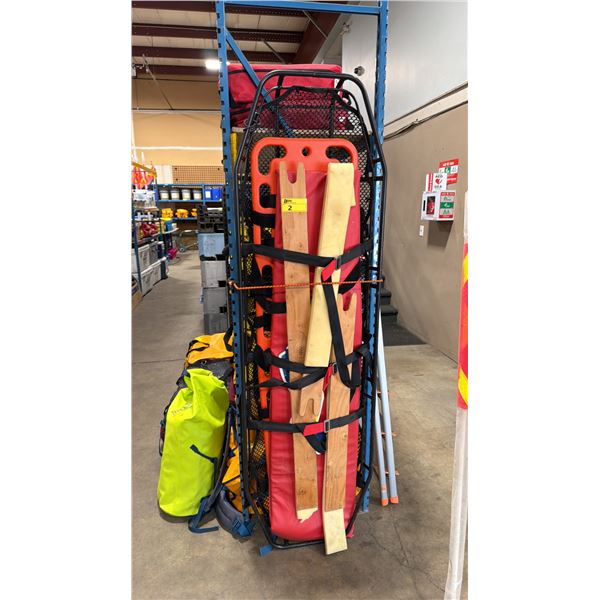 BLACK METAL 82" SAFETY MAN BASKET WITH ORANGE PLASTIC SPINE BOARD, RED CUSHION, WOODEN SPLINTS &