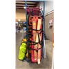 Image 1 : BLACK METAL 82" SAFETY MAN BASKET WITH ORANGE PLASTIC SPINE BOARD, RED CUSHION, WOODEN SPLINTS &