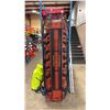 Image 2 : BLACK METAL 82" SAFETY MAN BASKET WITH ORANGE PLASTIC SPINE BOARD, RED CUSHION, WOODEN SPLINTS &