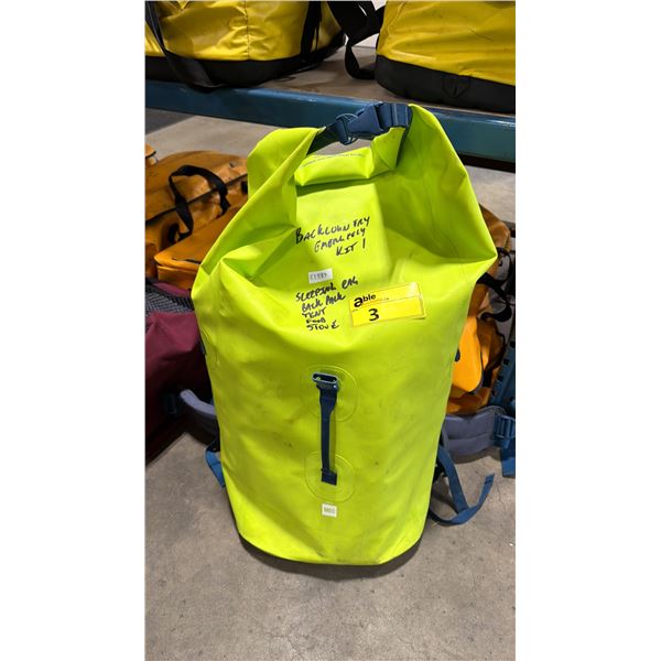 MEC COMMERCIAL BACKCOUNTRY EMERGENCY KIT IN BACKPACK DRY BAG INCLUDING SLEEPING BAG, TENT, FOOD, &