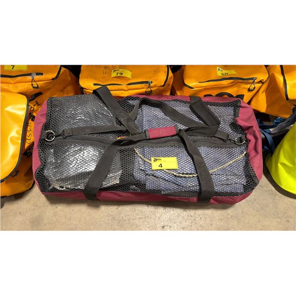 MAROON COMMERCIAL BACKCOUNTRY EMERGENCY KIT IN MESH TOP DUFFEL BAG INCLUDING TARPS, ROPE, MESH