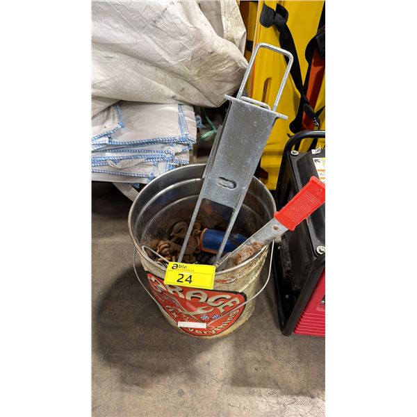 RETRO GARAGE BUCKET OF ASSORTED IMPACT SOCKETS, CABLE PULLER, CHAINS, & HAND TOOLS
