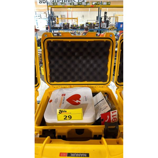 PHYSIO CONTROL LIFEPAK CR2 COMMERCIAL AED DEFIBRILLATOR IN NANUK 915 YELLOW HARD TRANSPORT CASE