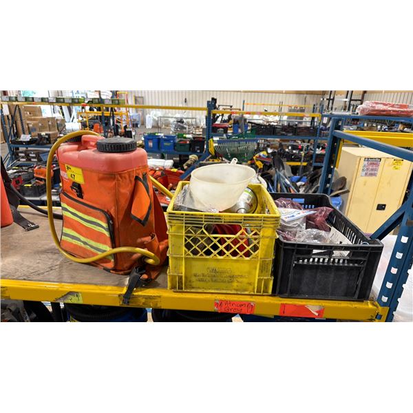 VGD WETJET 5 RED PLASTIC COMMERCIAL FIRE BACKPACK WATER SPRAYER, PLASTIC CRATE OF ASSORTED FUNNELS,