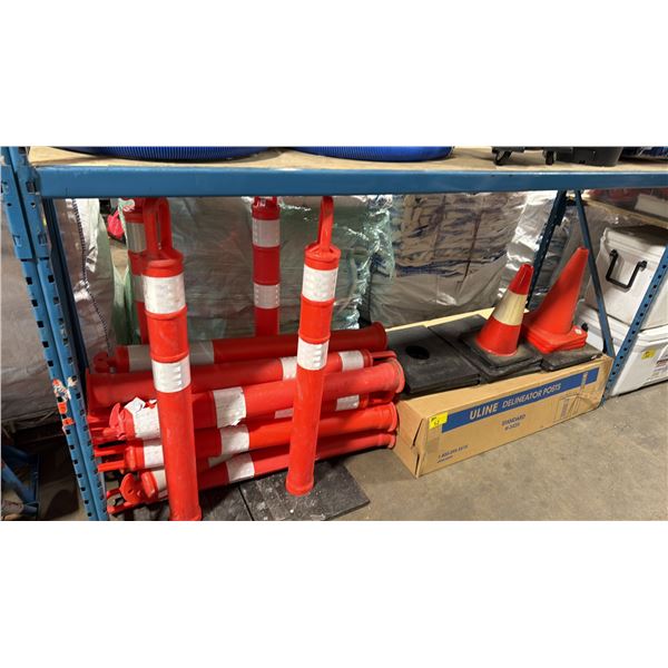 ASSORTED INDUSTRIAL ULINE DELINEATOR POSTS, RUBBER BASES, & TRAFFIC CONES