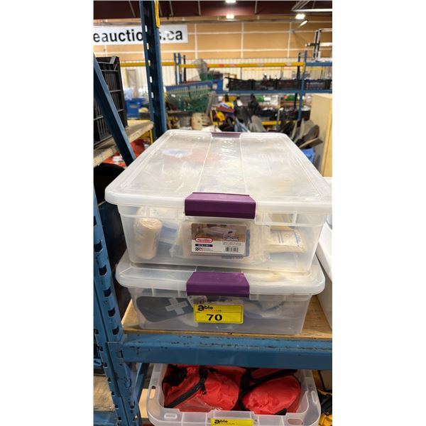 2 CLEAR PLASTIC BINS OF ASSORTED FIRST AID PRODUCTS *BINS INCLUDED*