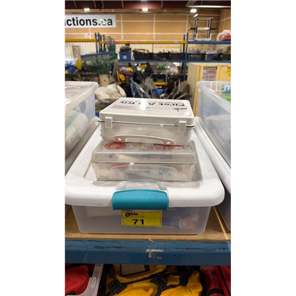 CLEAR PLASTIC BIN OF ASSORTED FIRST AID PRODUCTS, & 3 HARD PLASTIC PORTABLE FIRST AID KITS