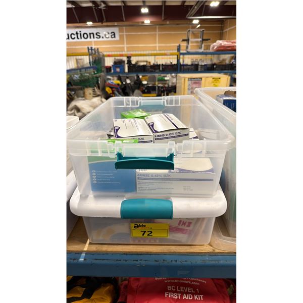 2 CLEAR PLASTIC BINS OF ASSORTED FIRST AID PRODUCTS *BINS INCLUDED*