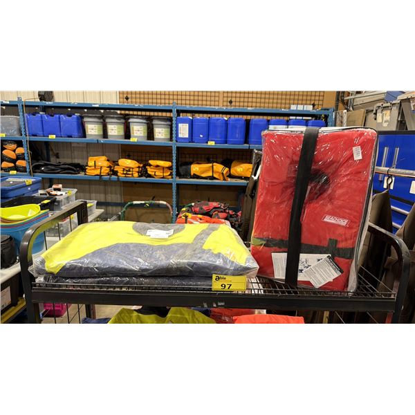 2 MUSTANG SURVIVAL SIZE XL COMMERCIAL DRY SUITS & SEACHOICE PRODUCTS 4PCS LIFE PRESERVER SET IN