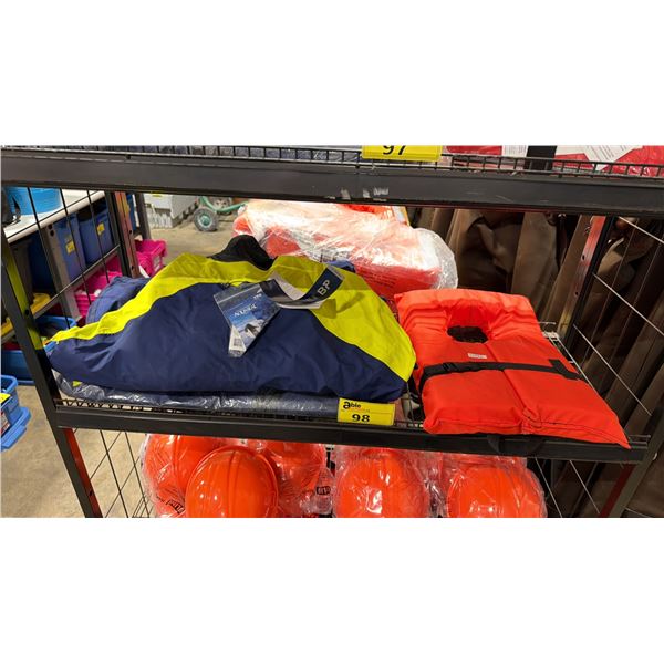 2 MUSTANG SURVIVAL SIZE XXL / L COMMERCIAL DRY SUITS & ORANGE SINGLE LIFE PRESERVER