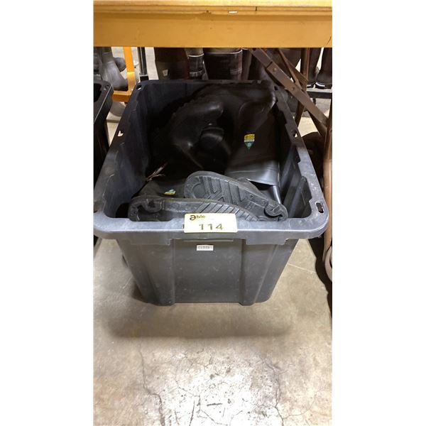 BLACK PLASTIC BIN OF ASSORTED PAIRS OF STEEL TOE AND RUBBER GUM BOOTS *BIN INCLUDED*
