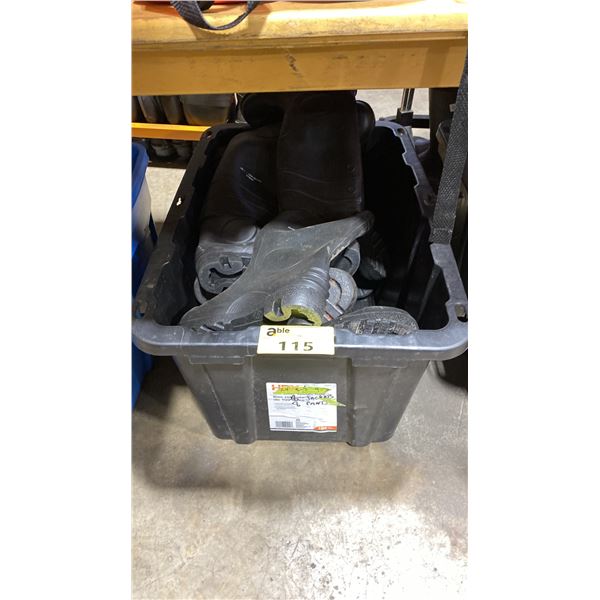 BLACK PLASTIC BIN OF ASSORTED PAIRS OF STEEL TOE AND RUBBER GUM BOOTS *BIN INCLUDED*