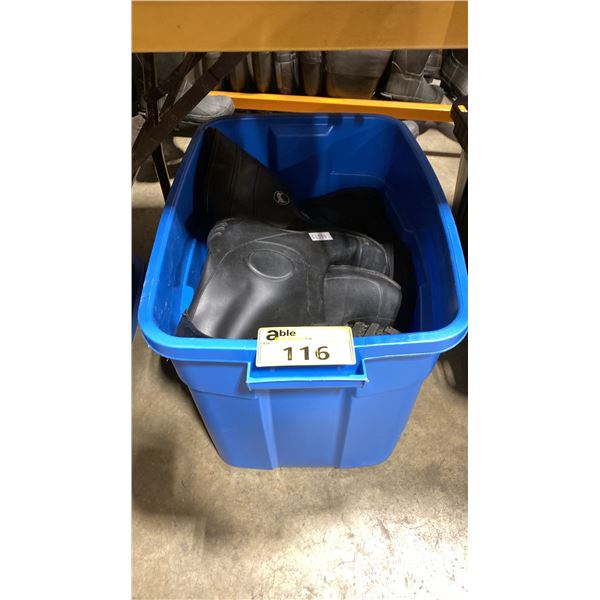BLUE PLASTIC BIN OF ASSORTED PAIRS OF STEEL TOE AND RUBBER GUM BOOTS *BIN INCLUDED*