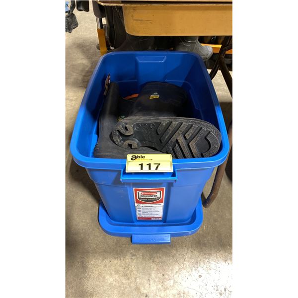 BLUE PLASTIC BIN OF ASSORTED PAIRS OF STEEL TOE AND RUBBER GUM BOOTS *BIN INCLUDED*