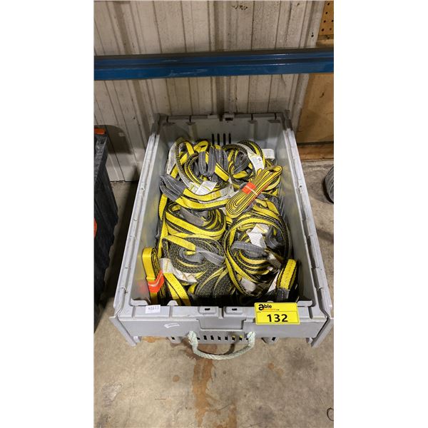LARGE GREY PLASTIC BIN OF ASSORTED INDUSTRIAL LIFTING STRAPS / SLINGS *PLASTIC BIN INCLUDED*