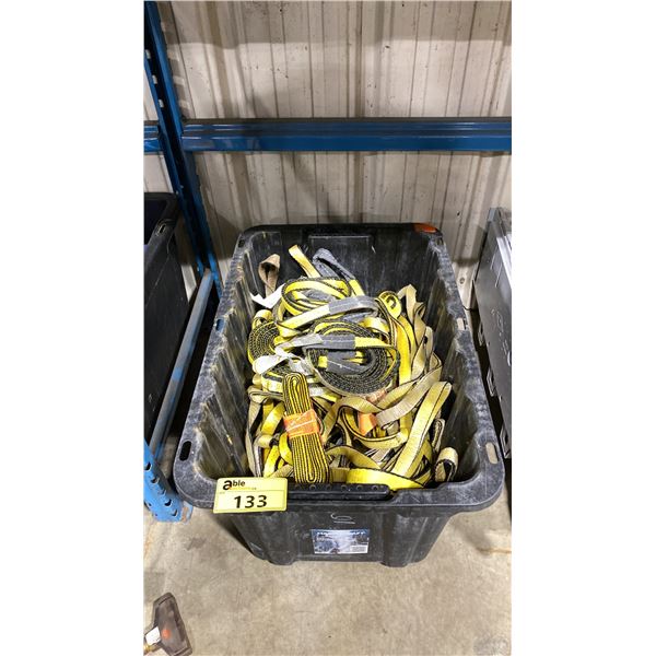 LARGE BLACK PLASTIC BIN OF ASSORTED INDUSTRIAL LIFTING STRAPS / SLINGS *PLASTIC BIN INCLUDED*