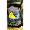 Image 2 : BLACK PLASTIC BIN OF ASSORTED BED ROLLS, COVERALLS, & DRY SUITS *BIN INCLUDED*