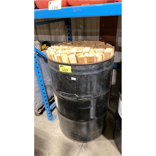 BLACK METAL BARREL OF ASSORTED SIZE HEMLOCK WOOD PCS *METAL BARREL INCLUDED*