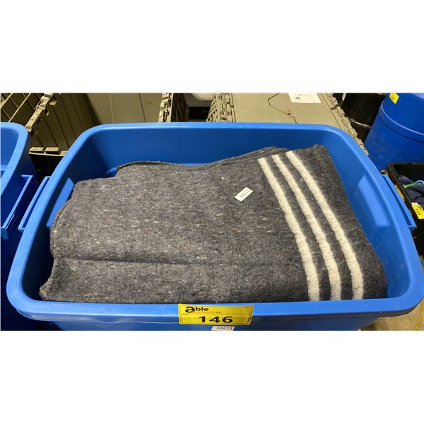 BLUE PLASTIC BIN OF GREY WOOL FIRST AID BLANKETS *BIN INCLUDED*