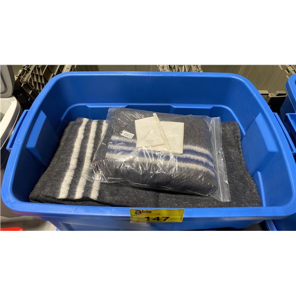 BLUE PLASTIC BIN OF GREY WOOL FIRST AID BLANKETS *BIN INCLUDED*