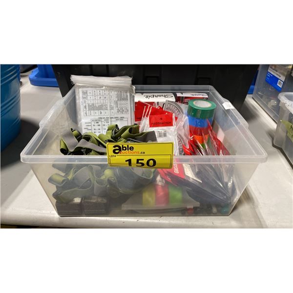CLEAR PLASTIC BIN OF ASSORTED HEAD LAMPS, GIGASTONE SD CARDS, MEASURING TOOLS, & TAPE *BIN INCLUDED*